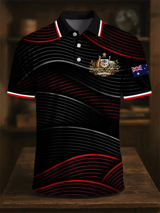 Men’s Australia Flag Kangaroo Emblem Line Wave Print Casual Business Polo Shirt Colorful / S