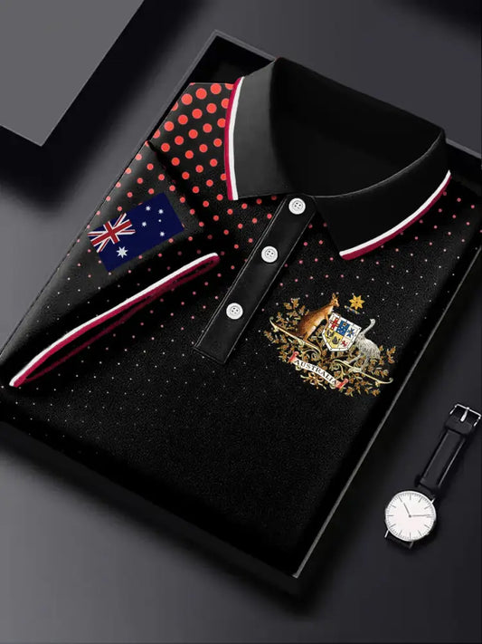 Men’s Australia Flag Kangaroo Emblem Polka Dot Printed Casual Business Short Sleeve Polo Shirt Colorful / S