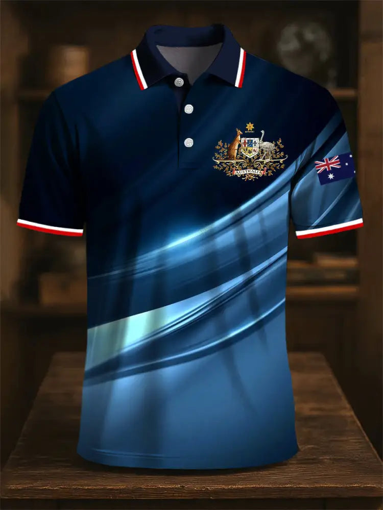 Men’s Australia Flag Kangaroo Emblem Printed Casual Business Polo Shirt Colorful / S