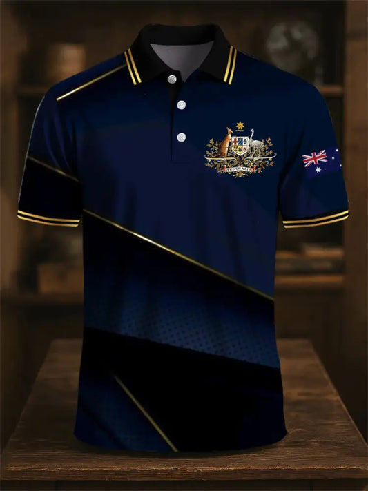 Men’s Australia Flag Kangaroo Emblem Printed Casual Business Polo Shirt Colorful / S