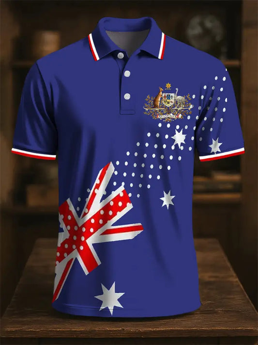 Men’s Australia Flag Kangaroo Emblem Printed Casual Business Polo Shirt Colorful / S