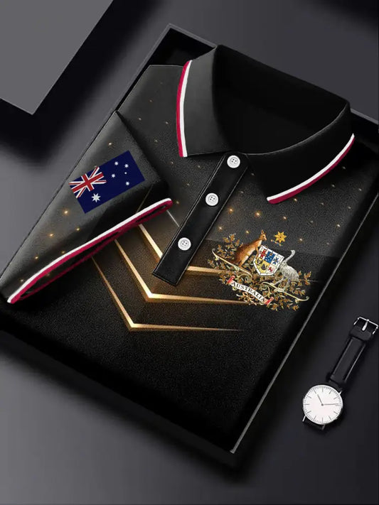 Men’s Australia Flag Kangaroo Emblem Printed Casual Business Short Sleeve Polo Shirt Colorful / S