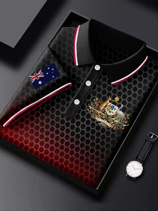 Men’s Australia Flag Kangaroo Emblem Printed Casual Business Short Sleeve Polo Shirt Colorful / S