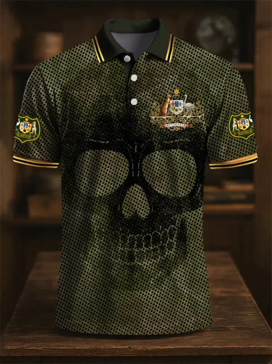 Men’s Australia Flag Kangaroo Emblem Skull Print Casual Business Polo Shirt Colorful / S