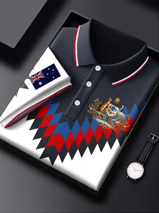 Men’s Australia Flag Kangaroo Emblem Spliced Printed Casual Business Polo Shirt Colorful / S