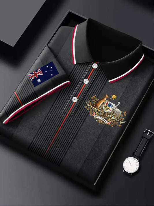 Men’s Australia Flag Kangaroo Emblem Stripe Printed Casual Business Short Sleeve Polo Shirt Colorful / S