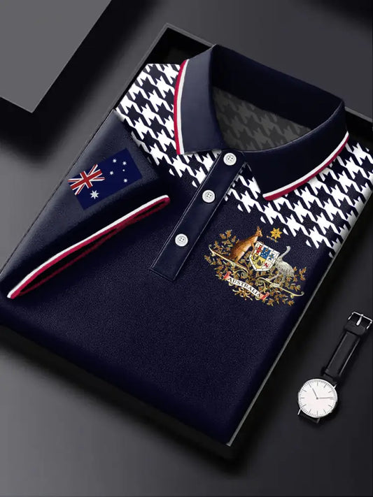 Men’s Australia Flag Kangaroo Plaid Printed Casual Business Short Sleeve Polo Shirt Colorful / S