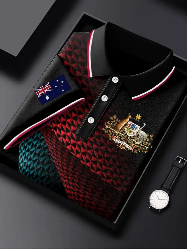 Men’s Australia Flag Medal Printed Casual Business Short Sleeve Polo Shirt Colorful / S