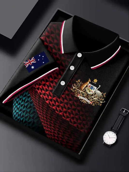 Men’s Australia Flag Medal Printed Casual Business Short Sleeve Polo Shirt Colorful / S