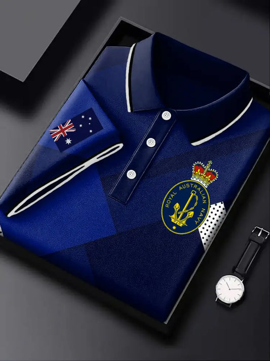 Men’s Australia Flag Navy Emblem Geometric Print Casual Business Short Sleeve Polo Shirt Colorful / S