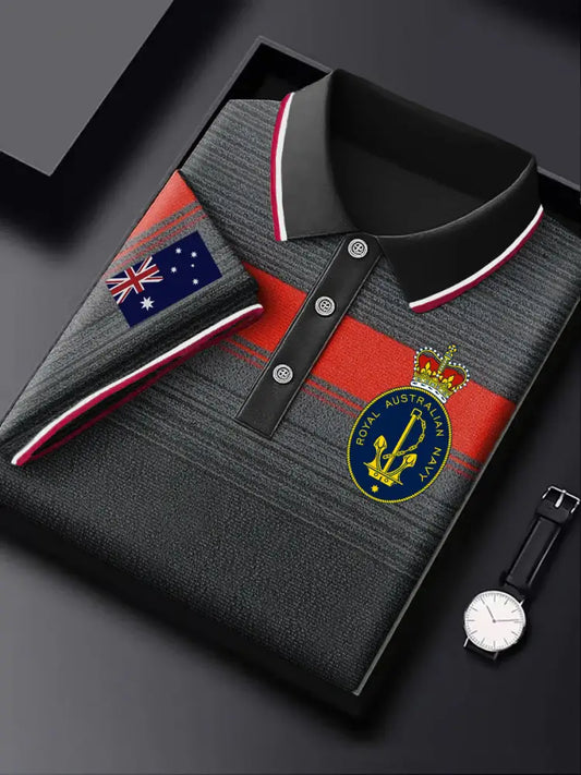 Men’s Australia Flag Navy Emblem Gradient Stripe Printed Casual Business Short Sleeve Polo Shirt Colorful / S