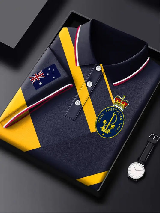 Men’s Australia Flag Navy Emblem Printed Casual Business Short Sleeve Polo Shirt Colorful / S