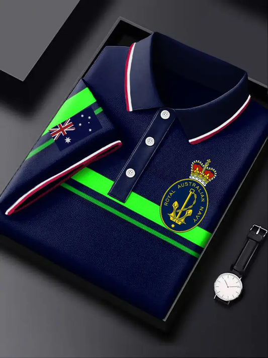 Men’s Australia Flag Navy Emblem Stripe Printed Casual Business Short Sleeve Polo Shirt Colorful / S