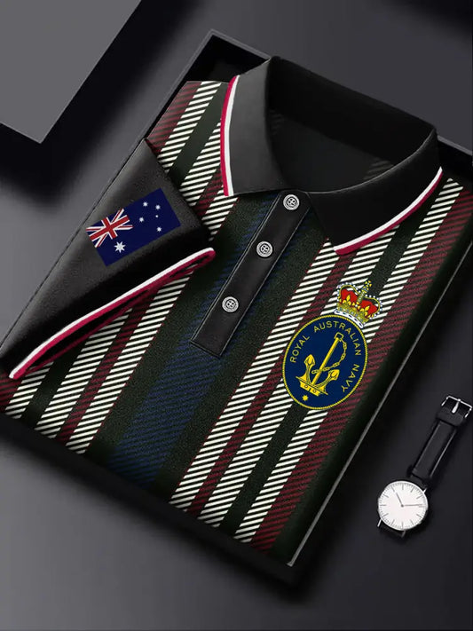 Men’s Australia Flag Navy Emblem Stripe Printed Casual Business Short Sleeve Polo Shirt Colorful / S