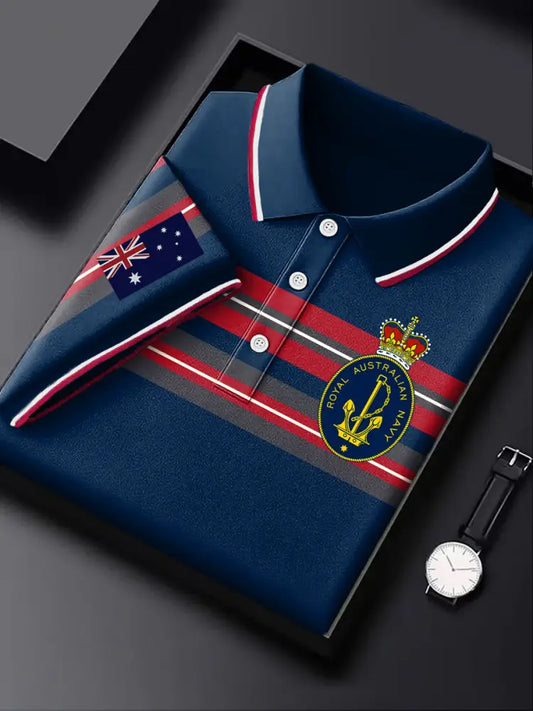 Men’s Australia Flag Navy Emblem Stripe Printed Casual Business Short Sleeve Polo Shirt Colorful / S