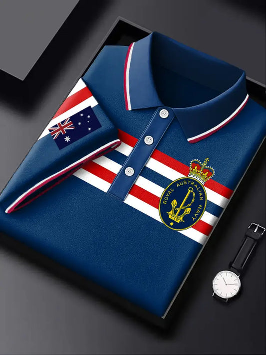 Men’s Australia Flag Navy Stripe Emblem Printed Casual Business Short Sleeve Polo Shirt Colorful / S
