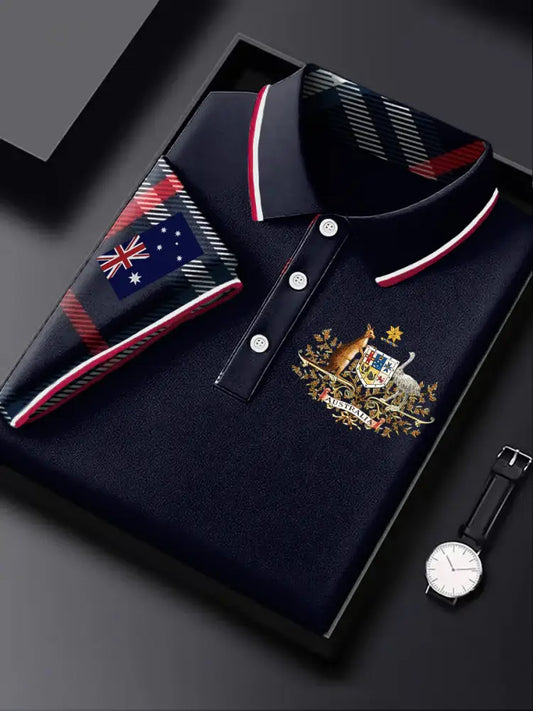 Men’s Australia Kangaroo Emblem Check Printed Casual Business Short Sleeve Polo Shirt Colorful / S