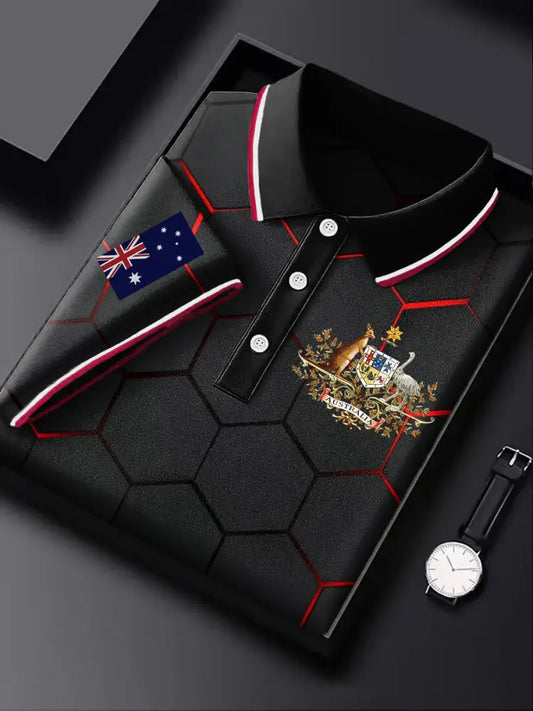 Men’s Australia Medal Geometric Gradient Printing Casual Business Short Sleeve Polo Shirt Colorful / S