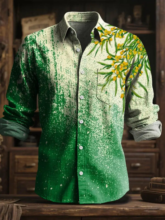 Men’s Australian Acacia Abstract Print Casual Business Cotton Linen Long Sleeve Shirt Colorful / S