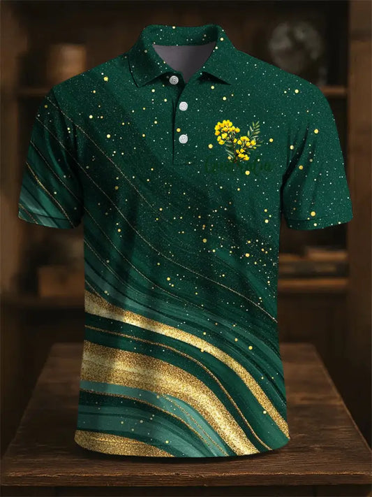 Men’s Australian Acacia Corsage Gold Foil Textured Printed Casual Business Polo Shirt Colorful / S