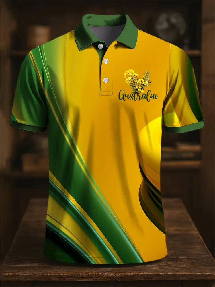 Men’s Australian Acacia Corsage Printed Casual Business Polo Shirt Colorful / S