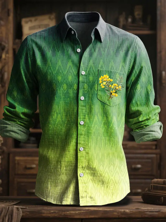 Men’s Australian Acacia Gradient Printing Casual Business Cotton Linen Long Sleeve Shirt Colorful / S