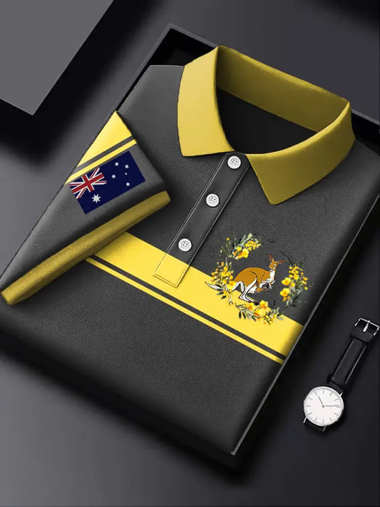 Men’s Australian Acacia Kangaroo Stripe Printed Casual Business Short Sleeve Polo Shirt Colorful / S