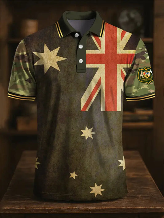 Men’s Australian Flag Camouflage Spliced Printed Casual Business Polo Shirt Colorful / S
