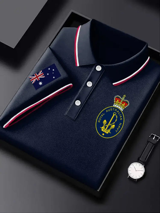 Mens Australian Flag Emblem Printed Casual Business Polo Shirt Blue / S