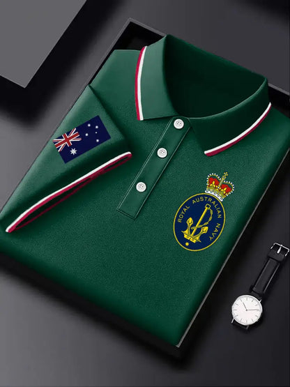 Mens Australian Flag Emblem Printed Casual Business Polo Shirt Green / S