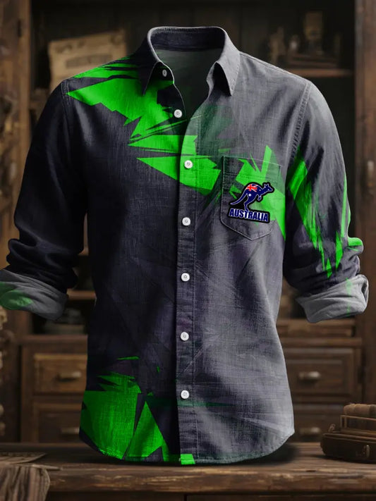 Men’s Australian Kangaroo Abstract Print Casual Business Cotton Linen Long Sleeve Shirt Colorful / S