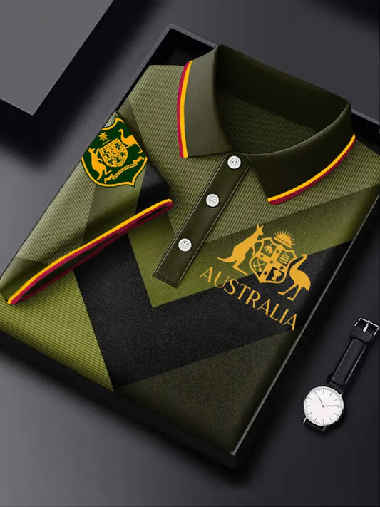 Men’s Australian Kangaroo Badge Spliced Printed Casual Business Polo Shirt Colorful / S