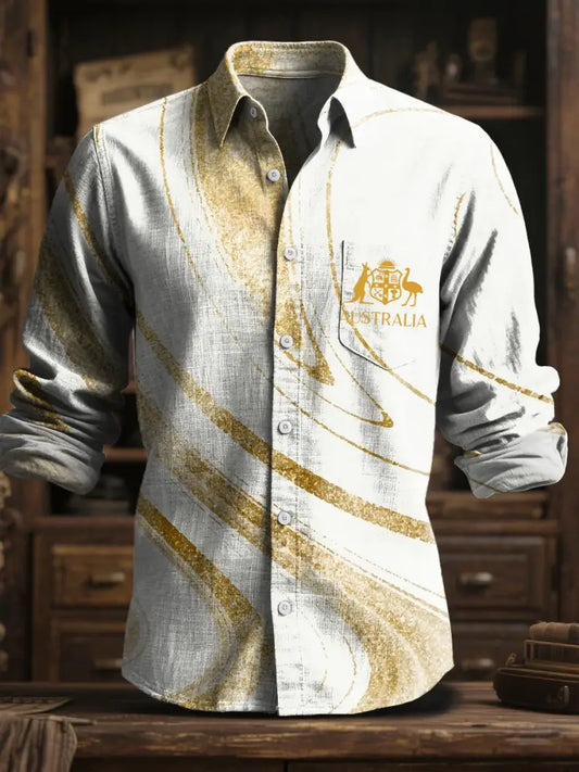 Men’s Australian Kangaroo Chest Label Printed Casual Business Cotton Linen Long Sleeve Shirt Colorful / S