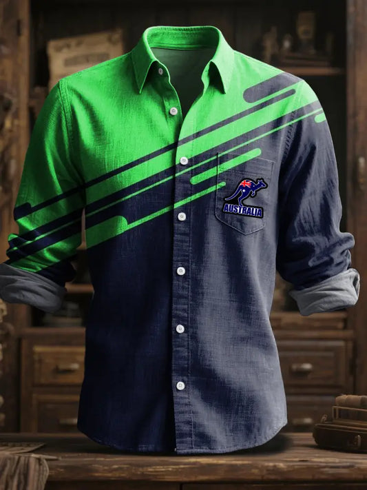 Men’s Australian Kangaroo Color Printed Casual Business Cotton Linen Long Sleeve Shirt Colorful / S