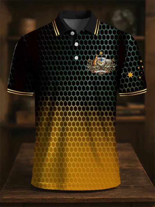 Men’s Australian Kangaroo Emblem Geometric Gradient Print Casual Business Polo Shirt Colorful / S