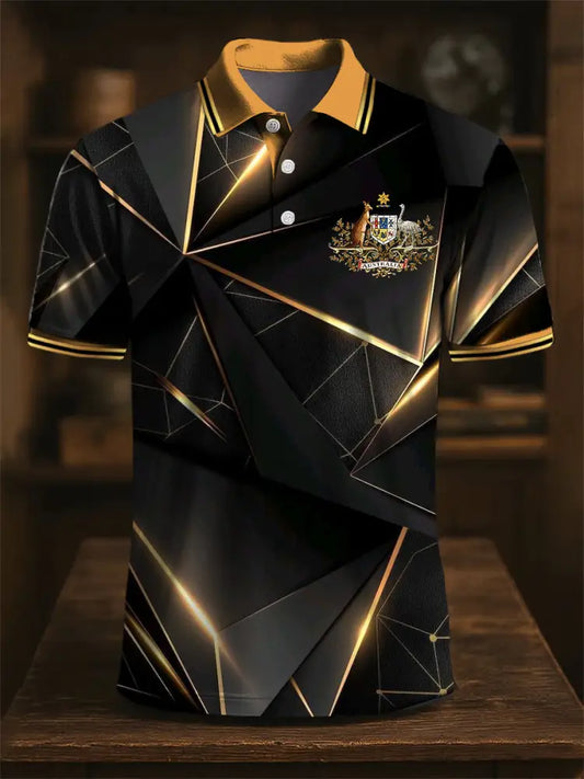 Men’s Australian Kangaroo Emblem Geometric Print Casual Business Polo Shirt Colorful / S