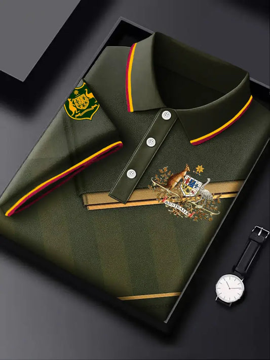 Men’s Australian Kangaroo Emblem Geometric Print Casual Business Polo Shirt Colorful / S