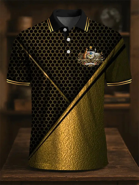 Men’s Australian Kangaroo Emblem Line Geometric Print Casual Business Polo Shirt Colorful / S