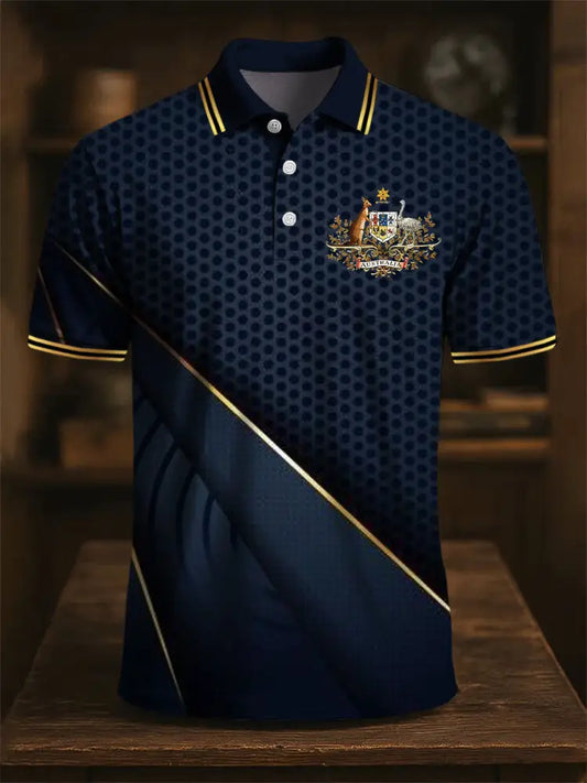Men’s Australian Kangaroo Emblem Textured Print Casual Business Polo Shirt Colorful / S
