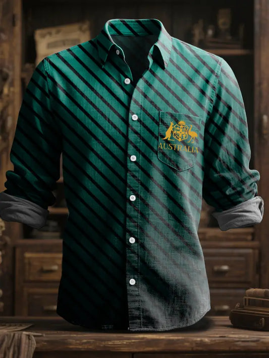 Men’s Australian Kangaroo Stripe Printed Casual Business Cotton Linen Long Sleeve Shirt Colorful / S