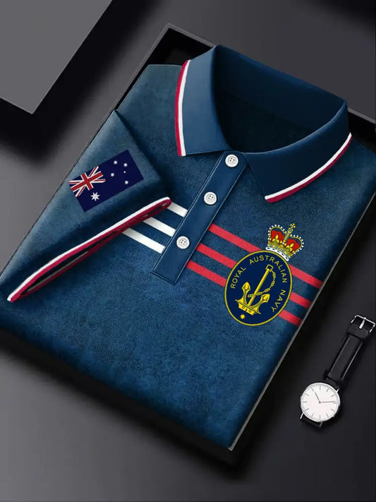 Men’s Australian Navy Emblem Flag Line Print Casual Business Polo Shirt Colorful / S