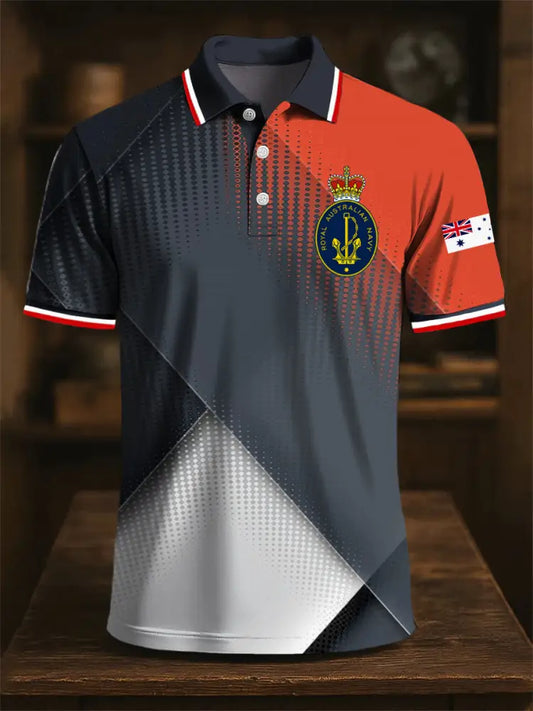 Men’s Australian Navy Emblem Geometric Gradient Print Casual Business Polo Shirt Colorful / S