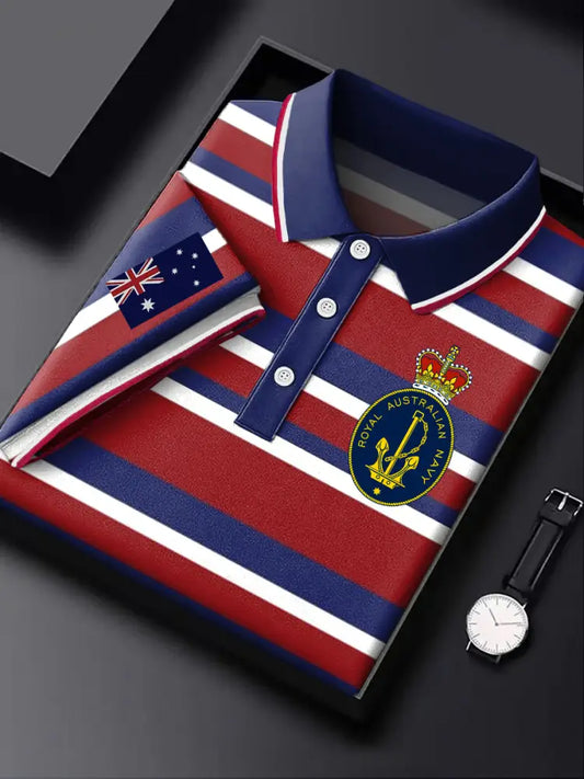Men’s Australian Navy Stripe Flag Emblem Printed Casual Business Polo Shirt Colorful / S