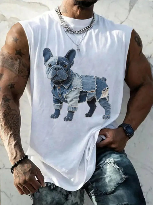 Men’s Bulldog Pattern Patchwork Art Tank Top White / S