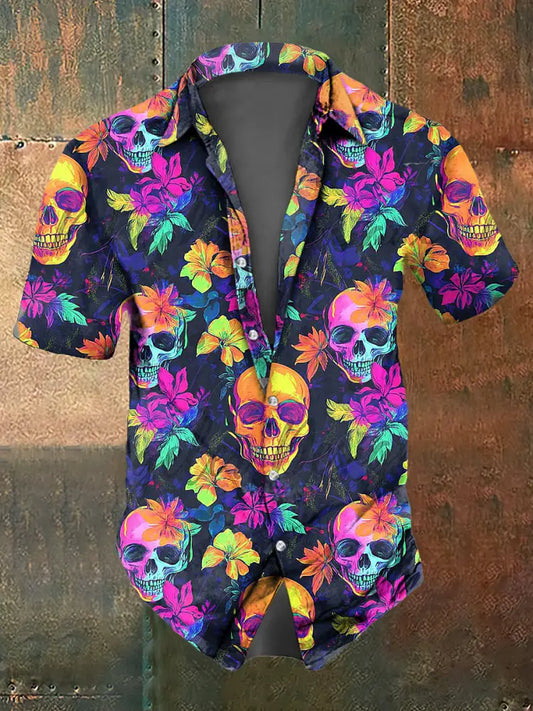 Men’s Color Skull Print Casual Short Sleeved Shirt Colorful / S
