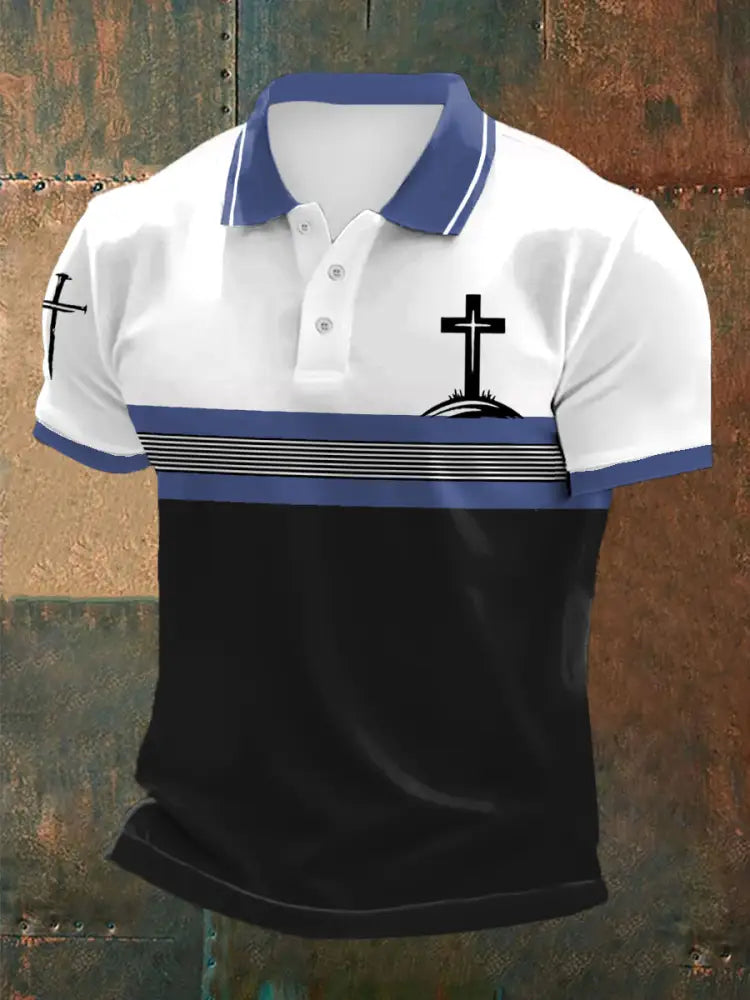 Men’s Cross Faith Stripes Print Casual Polo Blue / S