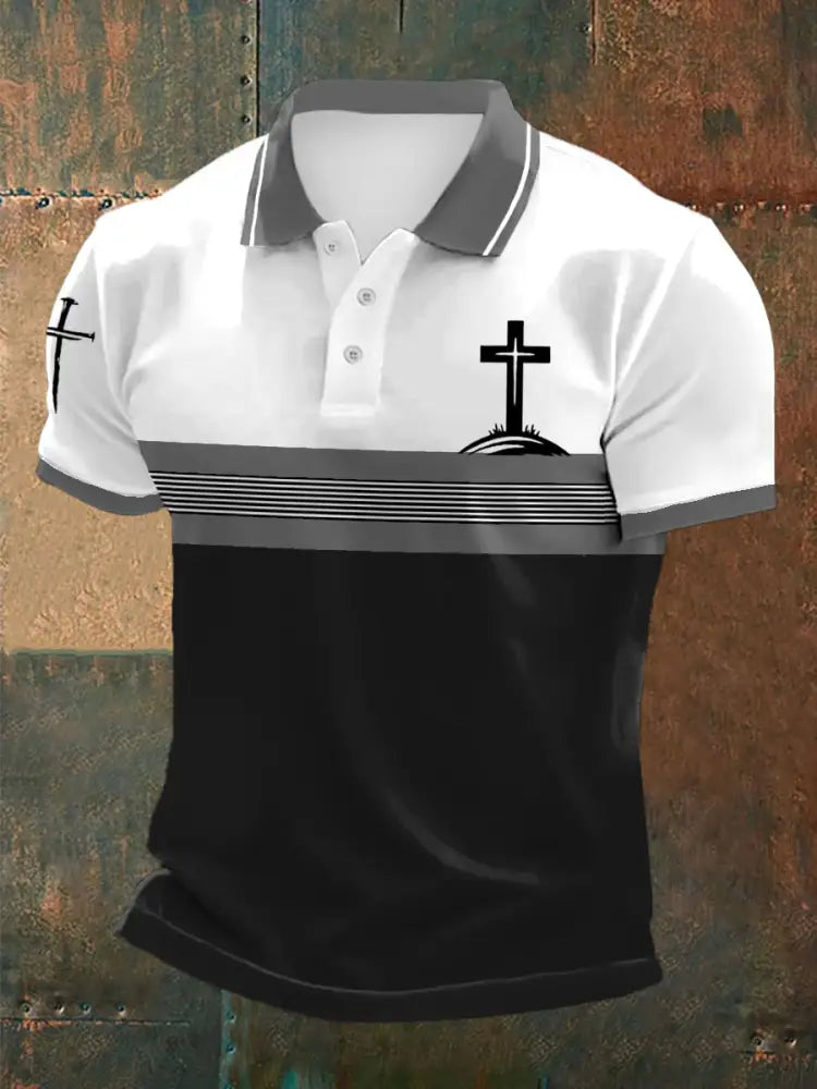 Men’s Cross Faith Stripes Print Casual Polo Gray / S