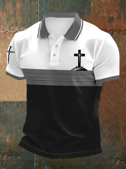 Men’s Cross Faith Stripes Print Casual Polo Gray / S
