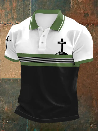 Men’s Cross Faith Stripes Print Casual Polo Green / S