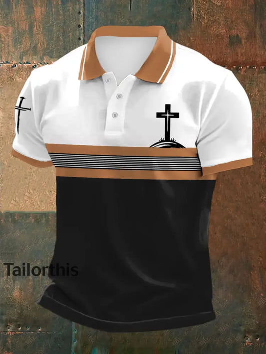 Men’s Cross Faith Stripes Print Casual Polo Khaki / S